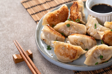 Pan-fried gyoza dumpling jiaozi in a plate with soy sauce on gray table background.