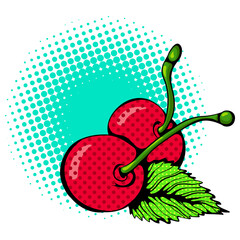 Illustration two cherries. Fruit close up. Vector bright colored print in Pop Art style. Retro cartoon comic style. Design for stickers, poster