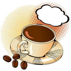 Illustration cup of coffee with coffee beans. Vector bright colored print in Pop Art style with space for text. Retro cartoon comic style. Design for stickers, poster