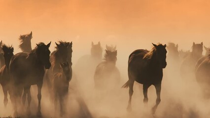 Wild horses are running in a crowded pack in slow motion.