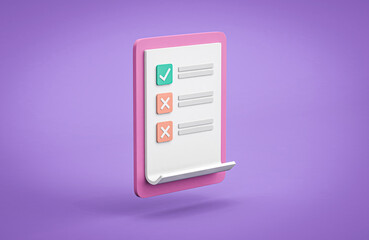 Notebook with to-do list on purple background. 3d illustration. Good organization with check list.

