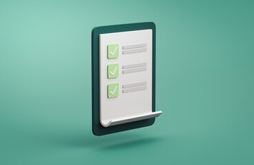 Notebook with to-do list on green background. 3d illustration. Good organization with check list.