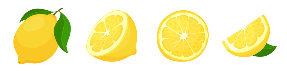Set of fresh yellow lemons in cartoon style. Vector illustration of fruits whole and cut into slices and halves, with a leaf on white background.