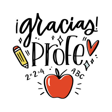 Gracias profe, frase de agradecimiento caligraf&iacute;a genero neutral para el maestro or la maestra con la manzana, el coraz&oacute;n y el l&aacute;piz s&iacute;mbolos para la fiesta de graduaci&oacute;n o el d&iacute;a del maestro