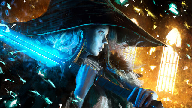 A cute witch girl in a huge black pointed hat looks into the void in shock and cries, she has the blue skin of a ghost and a huge two-handed sword glowing from magic in her hands. 2d oil art
