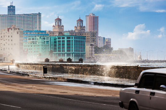 view of the Malecon on sunny day, Havana, Cuba