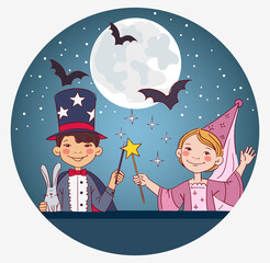 Cute kids in carnival costumes. Vector illustration. Children in Halloween costumes