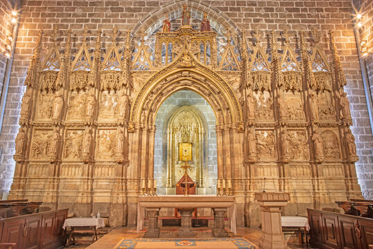 VALENCIA, SPAIN - FEBRUARY 14, 2022: The alabaster altar of  Holy Chalice chapel the the Cathedral by more sculptors (1441 - 1446).