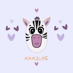 Cute hand drawn decorative color vector illustration. Cute zebra character with hearts and lettering. T-shirt design idea. © Zhamilya