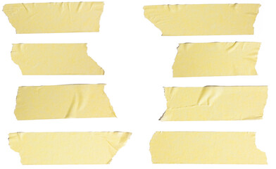 Torn horizontal and different size yellow sticky tape, sticky pieces isolated on white background. Set of yellow tapes.