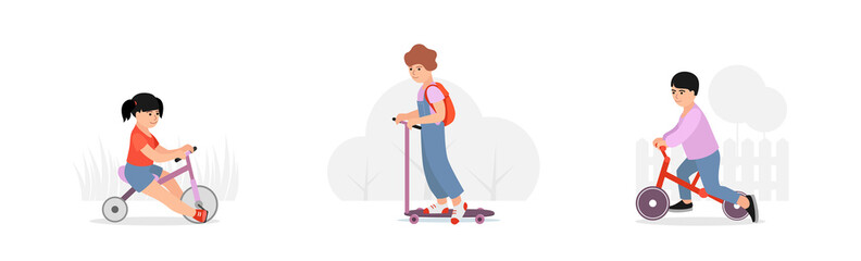 Children play. Children ride scooters, bicycles. Set with children isolated on a white background. Vector illustration.