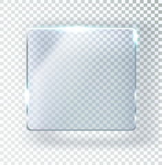 Glass plate on a transparent background. glass with glare and light. Realistic transparent glass window in a rectangular frame.