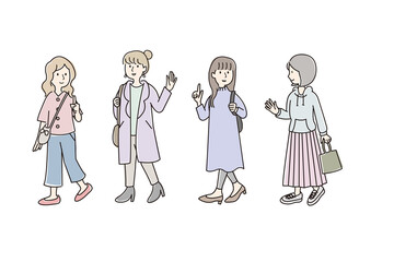 歩く女性グループ　全身イラスト