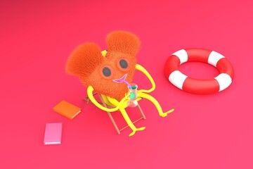 Hello summer. Summer background. Fluffy heart sits in a sun lounger and drinks a cocktail. 3D render.
