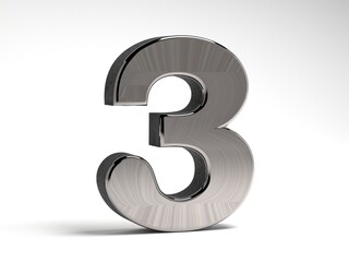 Number three made of steel on a white background. Metal volumetric figure. 3D render.
