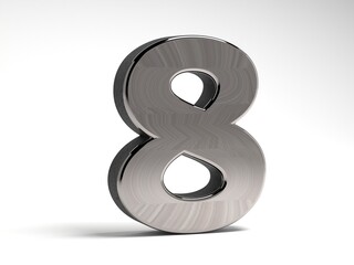 Number eight made of steel on a white background. Metal volumetric figure. 3D render.