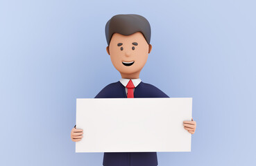 Cartoon businessman holding a blank blackboard - space for an inscription - mockup template 3d render