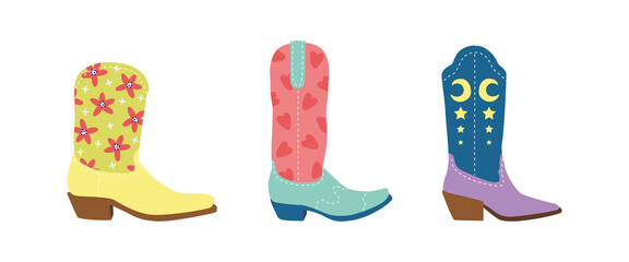 Set of сartoon сowgirl boots with flower, heart, star ornaments. Wild West fashion style. Cowboy western, wild west concept. Hand drawn colored flat vector illustration. All elements are insolated