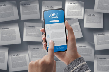 Job search app on smartphone - obrazy, fototapety, plakaty