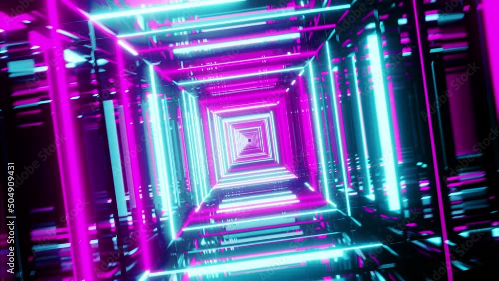 Aufkleber 3d animation. endless abstract futuristic tunnel with multicolored neon lights. endless tunnel