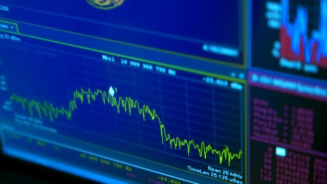 Sinusoid or harmonic oscillations with random amplitude on a graph on the screen of a device for scientific, industrial use for accurate measurement of various processes in chemistry, physics. Closeup