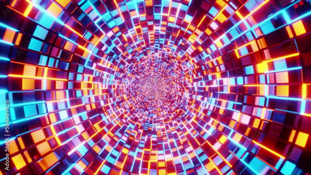 Poster flying into tunnel, sci-fi spaceship corridor. futuristic background for tech titles. 3d loop
