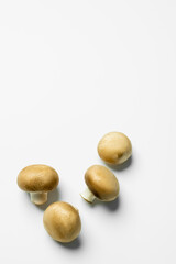 Top view of fresh mushrooms on white background.