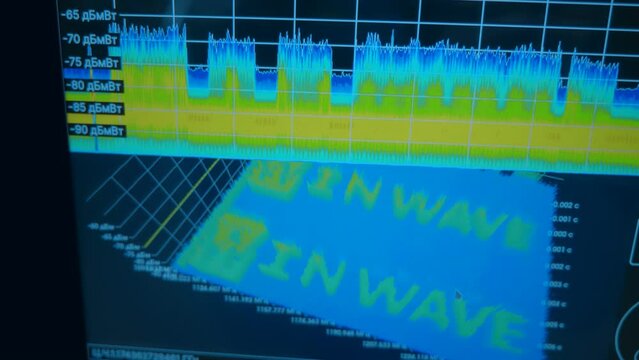 Spectrogram (spectrum analysis) on a graph on the screen of a device for scientific, industrial use for accurate measurement of various processes in chemistry, physics. Closeup