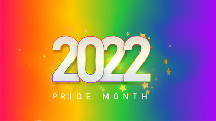 2022 LGBTQ Pride Month. Pride text label on blurred rainbow background. Human rights or diversity concept. LGBT event banner design template.