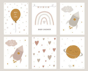 Cute hand drawn baby shower cards. Funny birthday cards. Set of greeting posters in Scandinavian style. Boy or girl. It's a boy. It's a girl. Collection of templates for stories on social networks