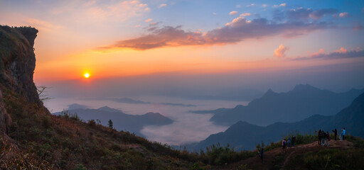 Sunrise at Phu chi fa with foggy morning , Phu chi fa, Chang Rai, Thailand