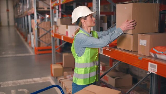 Portrait of Caucasian beautiful young woman working in warehouse wearing hard hat and putting cardboard box on shelf indoor. Female employee at storehouse, logistics factory, delivery, parcel concept