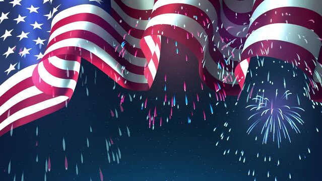 National holiday of usa. US flag waving in night sky, fireworks. Animated greeting. USA festive patriotic design, independence day, veterans day, memorial. Happy united states greeting card. Seamless