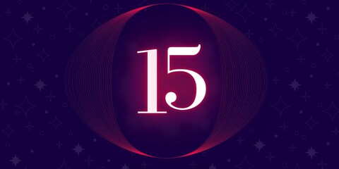 Number 15. Banner with the number fifteen on a blue background and blue and purple details with a circle purple in the middle