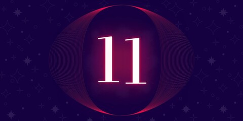 Number 11. Banner with the number eleven on a blue background and blue and purple details with a circle purple in the middle