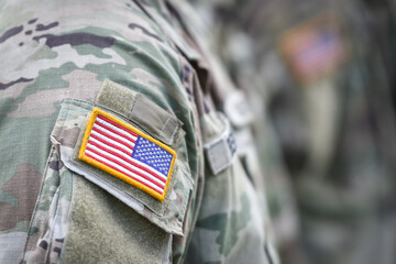 Detail shot with american flag on soldier uniform standing in military position during ceremony - 504912869