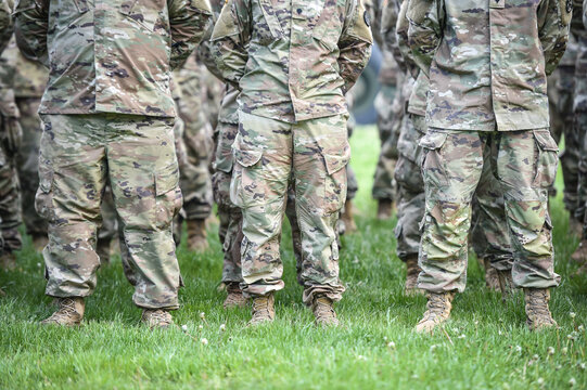 Detail Shot With American Soldiers In Military Standing Position During Ceremony