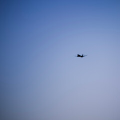Minimal photo of an airplane flying in a sky with blue hues. Departure for the holidays