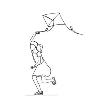 recommend clip art: Continuous single one line art drawing of girl kids playing kite vector illustration
