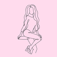 Woman in a bathing suit. One line vector drawing. Portrait minimalistic style. Nature symbol of cosmetics. Modern continuous line art. Fashion print.Modern
