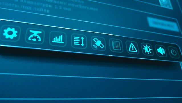 Panel with illuminated pictograms for various applications and purposes. Closeup. Shot in motion