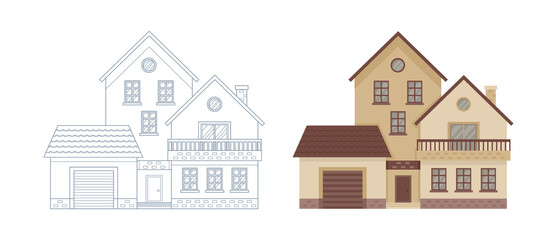 Outlined and colored beige house. Coloring page outline of home. Buildings project style. Vector village or city house.