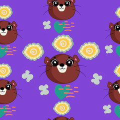 Seamless children's pattern. Cute baby animals and beautiful flower patterns. Creative night style for kids, childish texture for wrapping fabric textile wallpaper clothing background.
