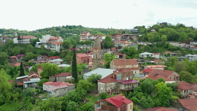 Aerial view to Sighnaghi city - georgian town Signagi in Georgia's easternmost region of Kakheti. Sighnaghi is a popular tourist destination in Georgia. Alazani valley in Georgia.
