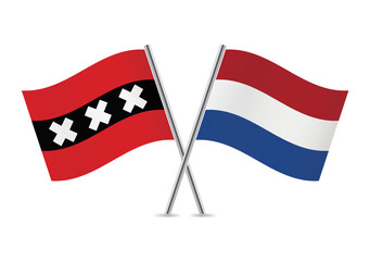 Amsterdam and Netherlands crossed flags on white background. Vector illustration.