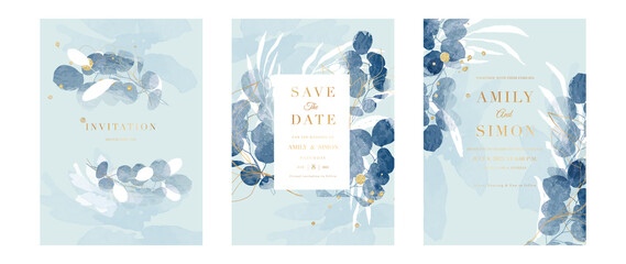 Luxury botanical wedding invitation card template. Blue watercolor card with leaf branches, gold glitters, foliage, eucalyptus. Elegant garden vector design suitable for banner, cover, invitation.