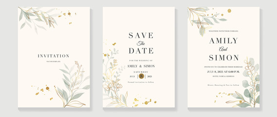 Luxury botanical wedding invitation card template. Minimal style card with leaf branches, gold glitters, flowers, eucalyptus. Elegant garden vector design suitable for banner, cover, invitation.