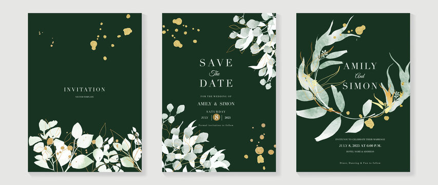 Luxury botanical wedding invitation card template. Green watercolor card with leaf branches, gold glitters, foliage, eucalyptus. Elegant garden vector design suitable for banner, cover, invitation.