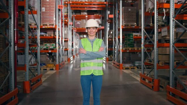 Camera approaching joyful beautiful Caucasian female employee wearing hard hat standing in warehouse with many shelves and cardboard boxes looking at camera and smiling. Logistics, distribution center