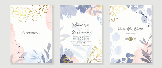 Luxury botanical wedding invitation card template. Purple watercolor card with leaf branches, gold glitters, foliage, eucalyptus. Elegant garden vector design suitable for banner, cover, invitation. - obrazy, fototapety, plakaty
